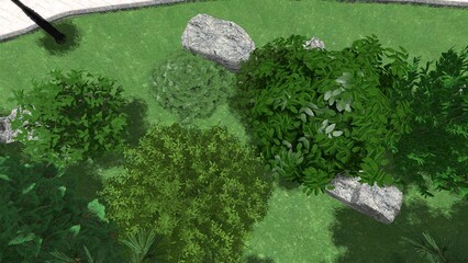 3d image of the landscape design of the home territory. Landscaping of the territory. Computer visualization of composite landscaping and landscaping solutions.