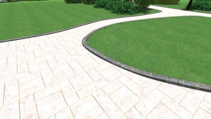 3d image of the landscape design of the home territory. Landscaping of the territory. Computer visualization of composite landscaping and landscaping solutions.