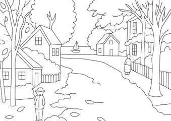 Obraz premium Coloring page of autumn scene with houses, trees, and people walking