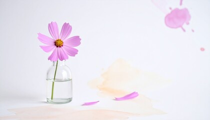 繊細な水彩のにじみが広がる中に小さなガラスの花瓶とコスモスが置かれた空間美