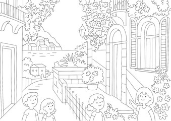 Coloring page of italian village street scene with children illustration