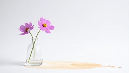繊細な水彩のにじみが広がる中に小さなガラスの花瓶とコスモスが置かれた空間美