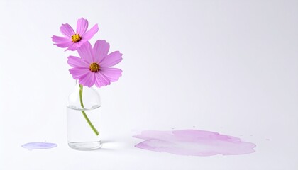 繊細な水彩のにじみが広がる中に小さなガラスの花瓶とコスモスが置かれた空間美