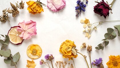 手漉き和紙に柔らかく円を描くように配置されたドライフラワーと植物素材の調和が美しいナチュラル写真