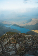 view of a beautiful blue lake from the top of the mountain