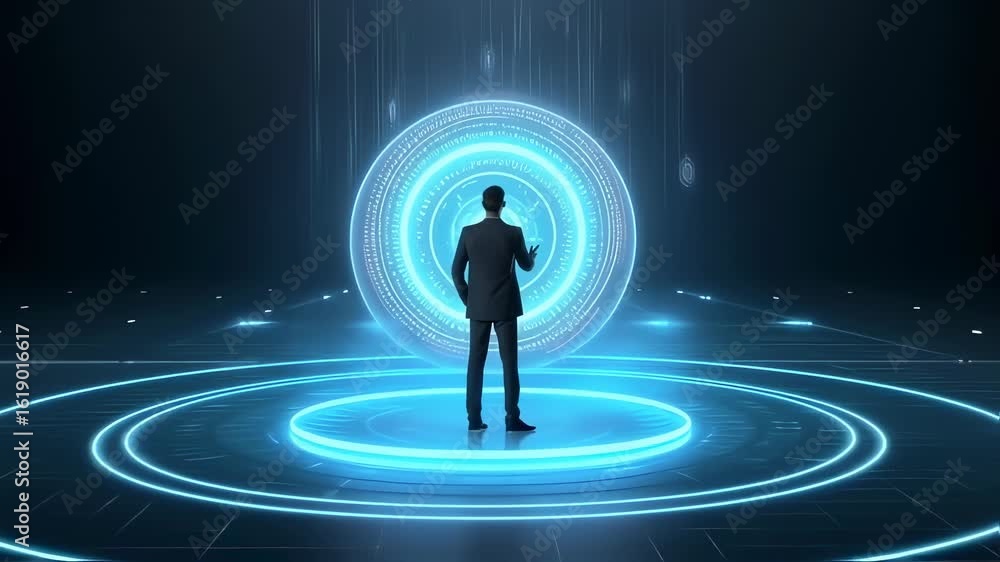 Poster a suited man stands before a futuristic neon portal. abstract technological design with circular lin