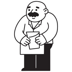 Man in lab coat holding documents, curious expression, black and white illustration