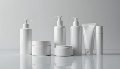Set of white cosmetic bottles and jars for skincare products.