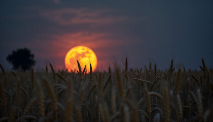 Harvest moon peeking through a field of wheat swaying in the breeze  