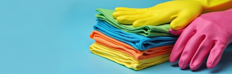 Colorful rubber gloves stacked with microfiber cloths. Yellow, pink, blue, orange, green fabric. Essential for household cleaning, dishwashing, hygiene tasks. Provides hand protection during chores.