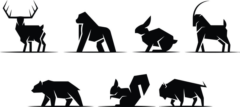 Animal Silhouette Icon Set – Geometric Wildlife Vector Featuring Deer, Gorilla, Rabbit, Bear, Wolf & More