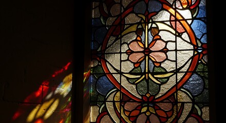 Stained Glass Window with Light Reflections on Wall