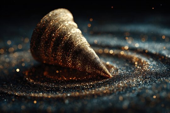 Glowing spiral shape made of particles with golden lines flowing around it on a dark background, creating depth and movement, artistic rendering - Powered by Adobe