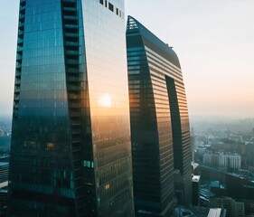 Obraz premium Futuristic glass skyscraper with clean lines and geometric design, reflecting warm golden hour light, urban city background, cinematic lighting, photorealistic, wide-angle view, generative AI.