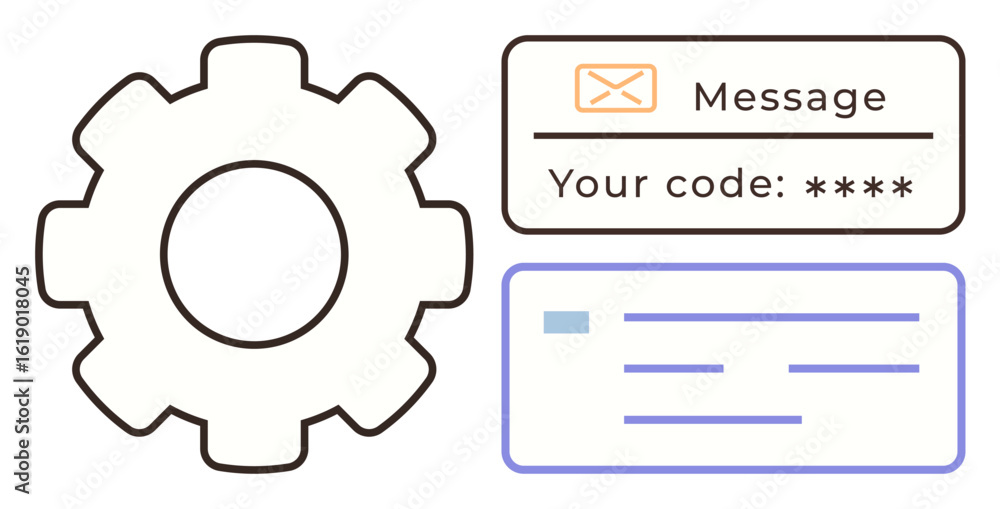 Poster gear icon with message box displaying verification code and input field representing authentication.