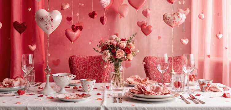 Festive Galentines Day table setting with pink heart balloons and flowers. Elegant dining experience with stylish decor, perfect for friendship celebrations and romantic gatherings indoors.