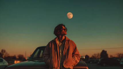 A person leaning against a car under the full moon at dusk