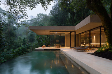 Obraz premium luxury eco villa, secluded jungle villa with minimalist design, glass walls, and nature integration for a private retreat experience