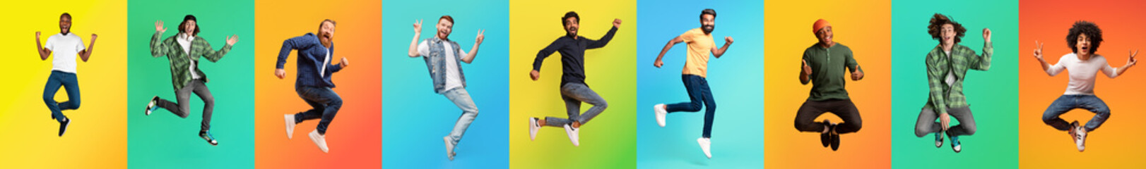 A vibrant collage features a diverse group of men joyfully jumping against colorful backgrounds,...