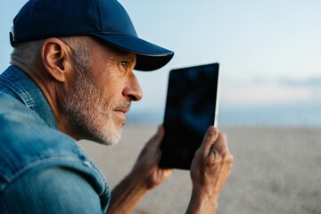 Mature Man Using Smartphone on Beach at Sunset