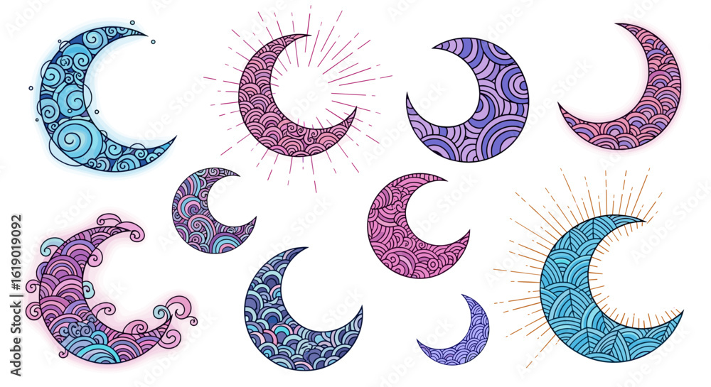 Poster collection of crescent moon illustrations with various patterns and color schemes on a white backgro
