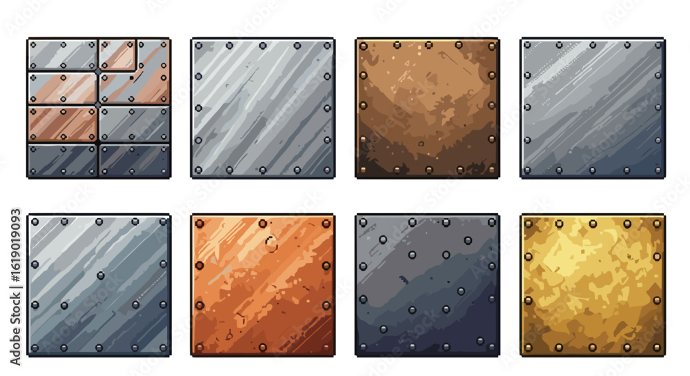 Poster collection of eight metal panels with rivets in various colors and textures displayed in two rows