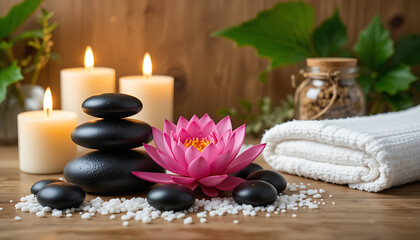 Spa Setting with Candles Stones and Lotus Flower.