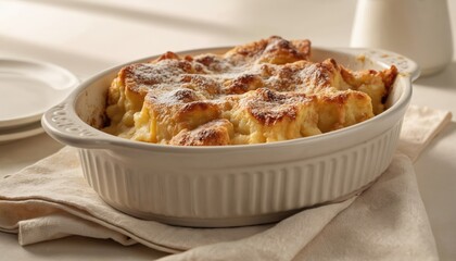 Golden brown baked French toast casserole dusted with powdered sugar, served in a white ceramic dish. This sweet, custard-soaked bread is a delicious comfort food for breakfast or brunch.