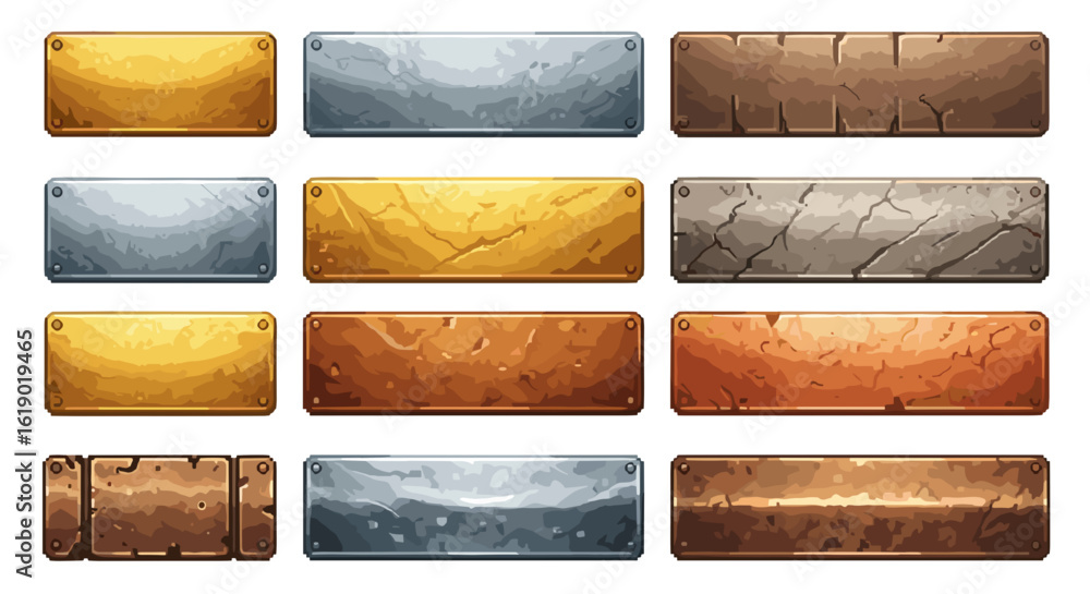 Poster collection of twelve rectangular metal panels in various colors and textures with visible rivets and