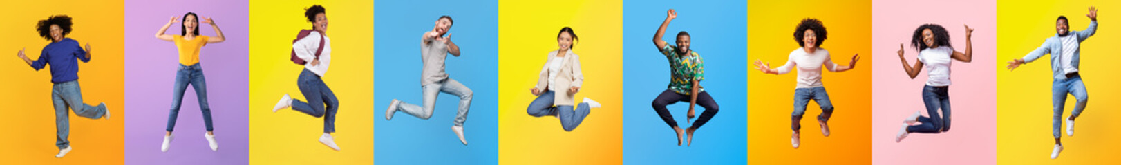 A collection of diverse individuals of various backgrounds are jumping against vibrant pastel...