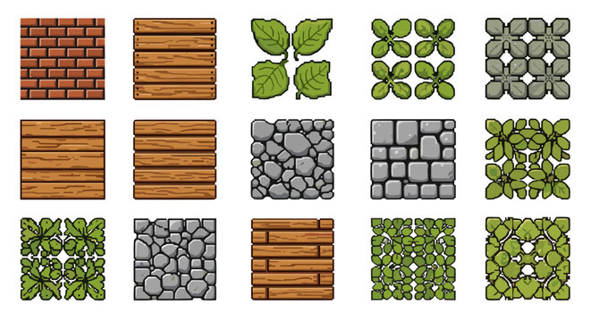 Collection of pixel art textures featuring brick, wood, stone, and various types of foliage patterns