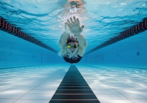 An authentic underwater photograph of a competitive swimmer