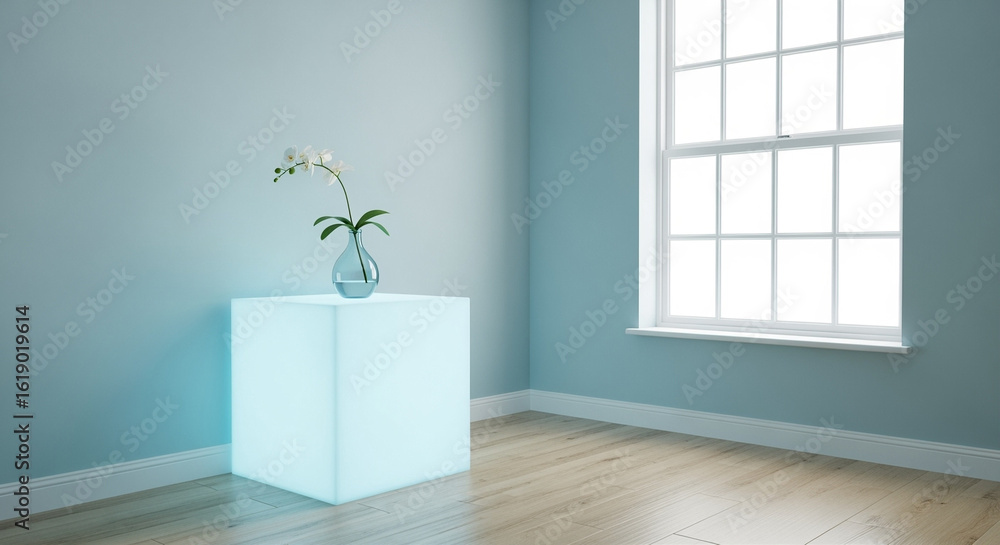 Poster illuminated cube with orchid vase in a room with window