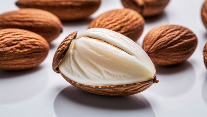 Close-up of almonds showing textured shells and creamy insides.