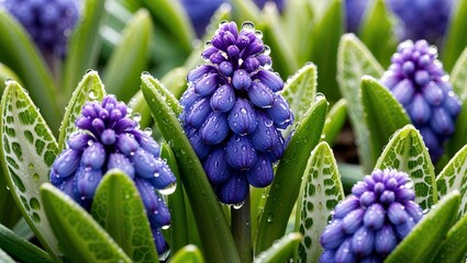 Magnificent close-up of grape hyacinth flowers in full bloom.