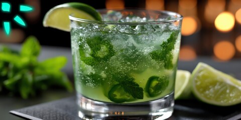 Refreshing mojito cocktail with mint and lime served on a bar counter in a vibrant setting at night