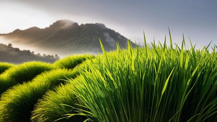A vibrant rice field set against stunning misty mountain backdrop.