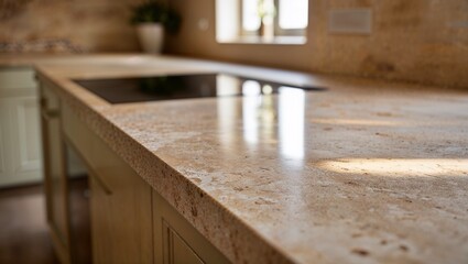 A beautiful kitchen countertop featuring warm tones and natural stone.