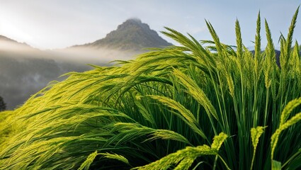 Golden-green rice bushes gently swaying with a mountainous backdrop.
