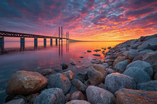 Dramatic sunrise over the Oresund bridge connecting Sweden and Denmark, with rocks in foreground and a colorful sky reflecting in the calm water