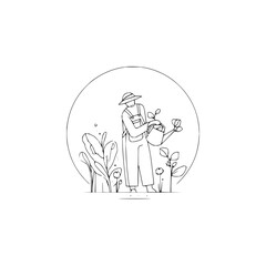 Obraz premium Gardener illustration with plants watering can garden agriculture farming nature drawing vector line art design