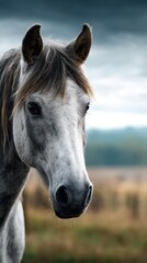 Obraz premium Majestic gray horse gazes into the distance amidst a tranquil rural landscape under an overcast sky