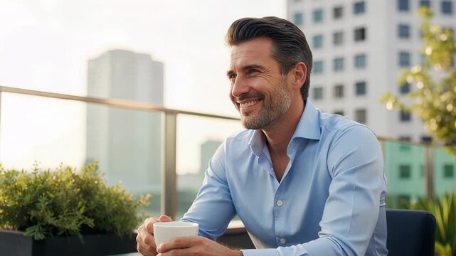 Happy man enjoying peaceful morning coffee break while relaxing at home with warm cup of tea in comfortable settings