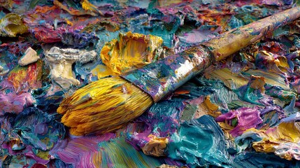 Fototapeta premium Paintbrush on colorful oil paint