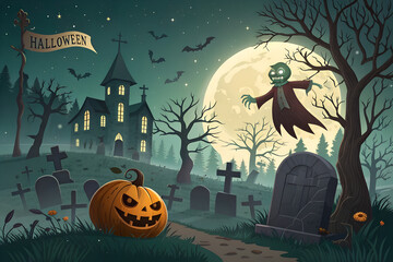 Fototapeta premium A terrifying pumpkin-headed zombie emerges from a creepy graveyard near an old chapel, surrounded by twisted trees and flying bats under a glowing full moon. The eerie, dark night sets a chilling atmo