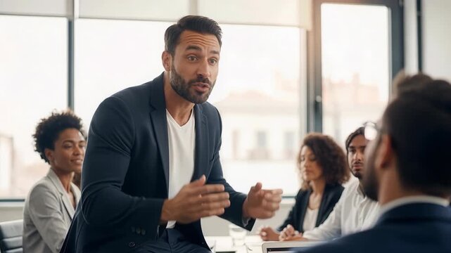 Professional business coach engaging in heated discussion and making passionate arguments during corporate training session