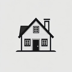 Simple black and white house illustration depicting a cozy home design with windows and a chimney
