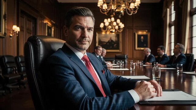 Determined business executive oligarch displaying confidence and leadership qualities during important corporate meeting in modern office