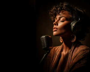 A woman is singing into a microphone. She is wearing headphones and has a microphone in her hand