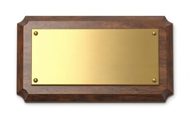 Rectangular gold plaque mounted on wooden plaque holder. Award plaque features shiny brushed metal plate secured by four rivets, set within dark wood frame with elegant bevelled edges. Space for
